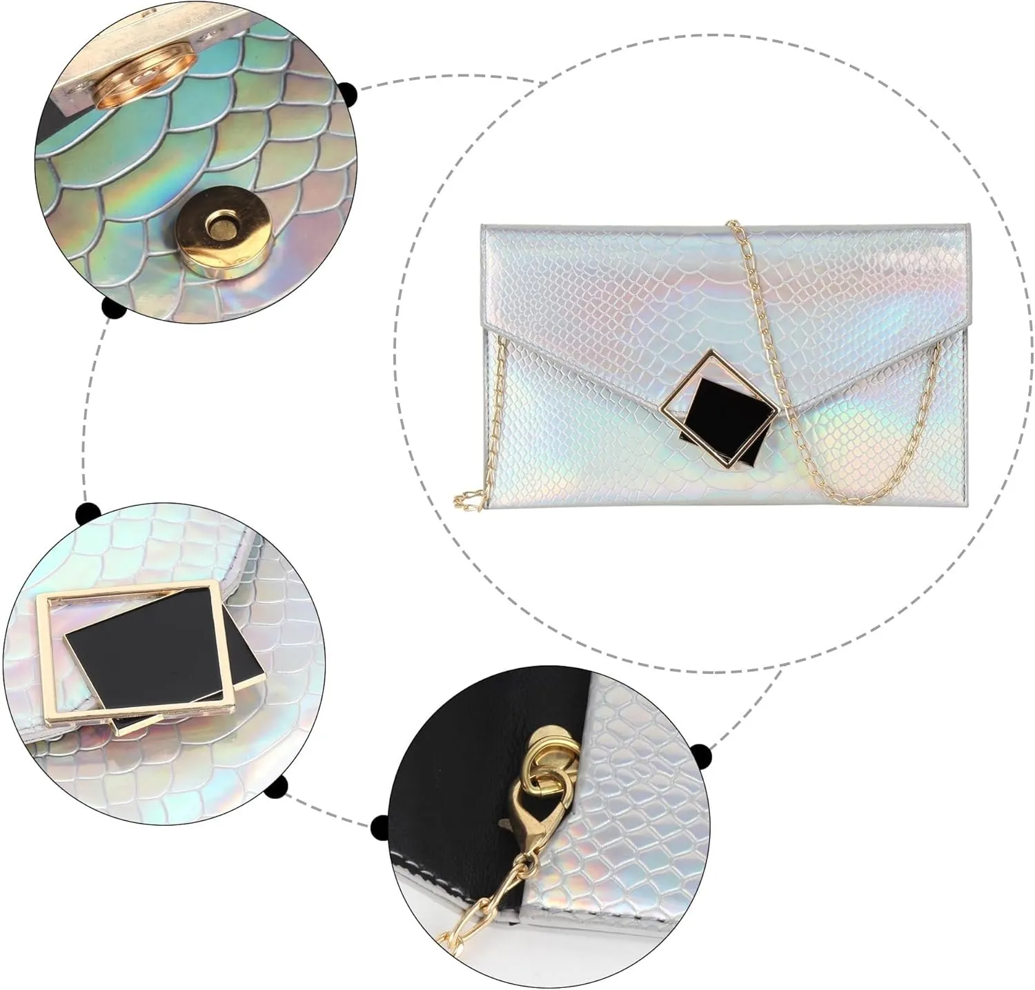 Evening Clutch Handbag Locking Buckle Hologram Satchel Purse Women Leather Crossbody Shoulder Envelope