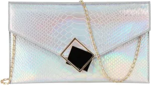 Evening Clutch Handbag Locking Buckle Hologram Satchel Purse Women Leather Crossbody Shoulder Envelope