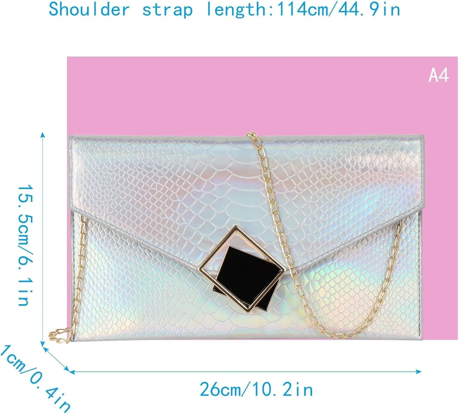 Evening Clutch Handbag Locking Buckle Hologram Satchel Purse Women Leather Crossbody Shoulder Envelope