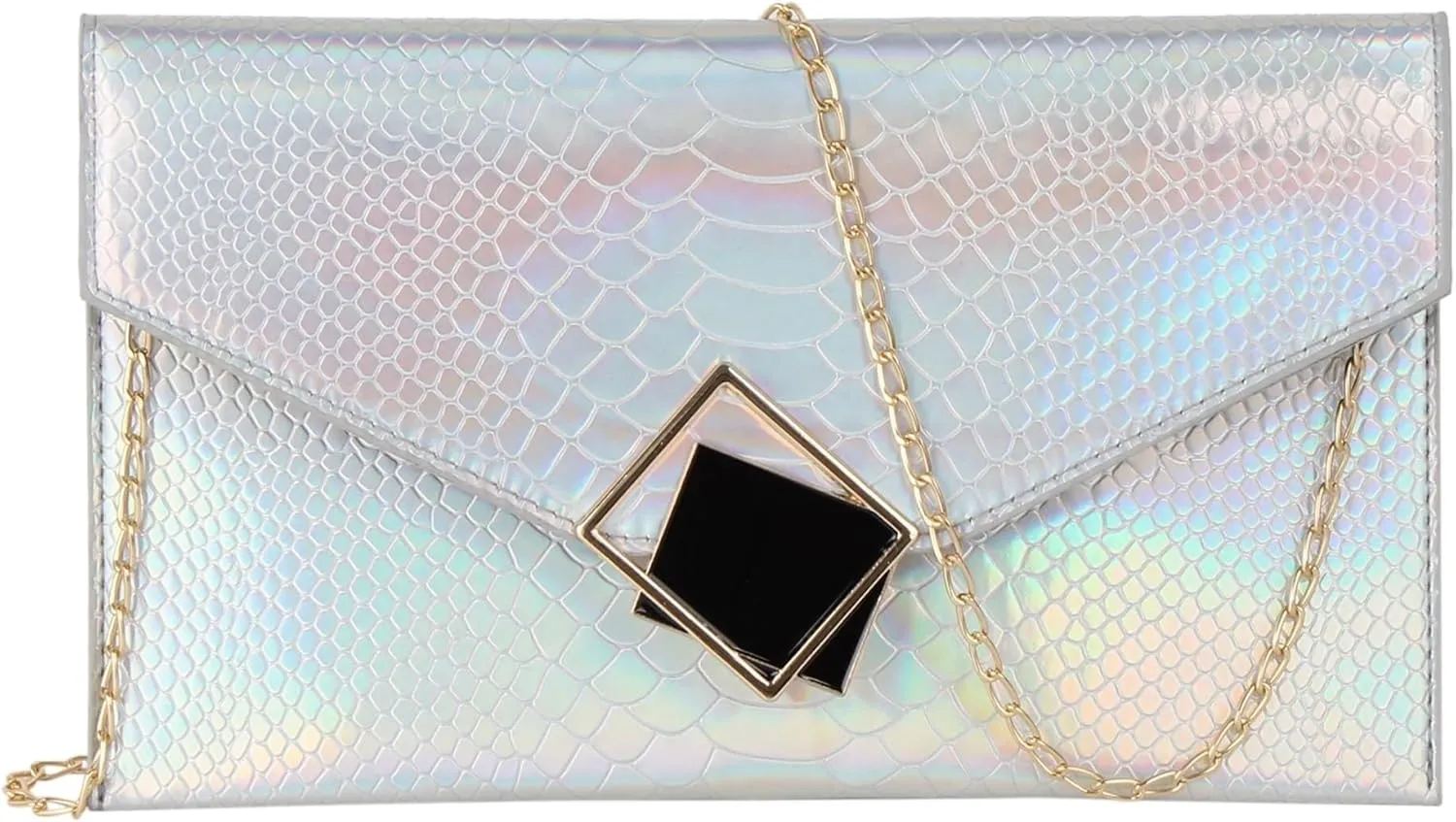 Evening Clutch Handbag Locking Buckle Hologram Satchel Purse Women Leather Crossbody Shoulder Envelope