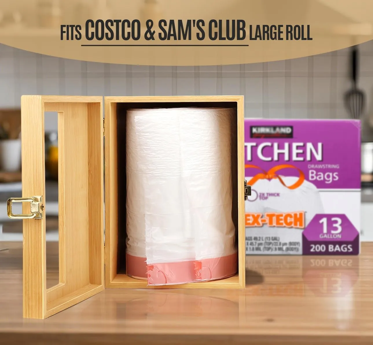 Extra Large Bamboo Trash Bag Dispenser Roll Holder, Fits Costco & Sam's Club Jumbo Rolls, Under-Sink, Cabinet & Wall Mount Organizer, Garbage Bag Storage for Kitchen, Pantry, Garage