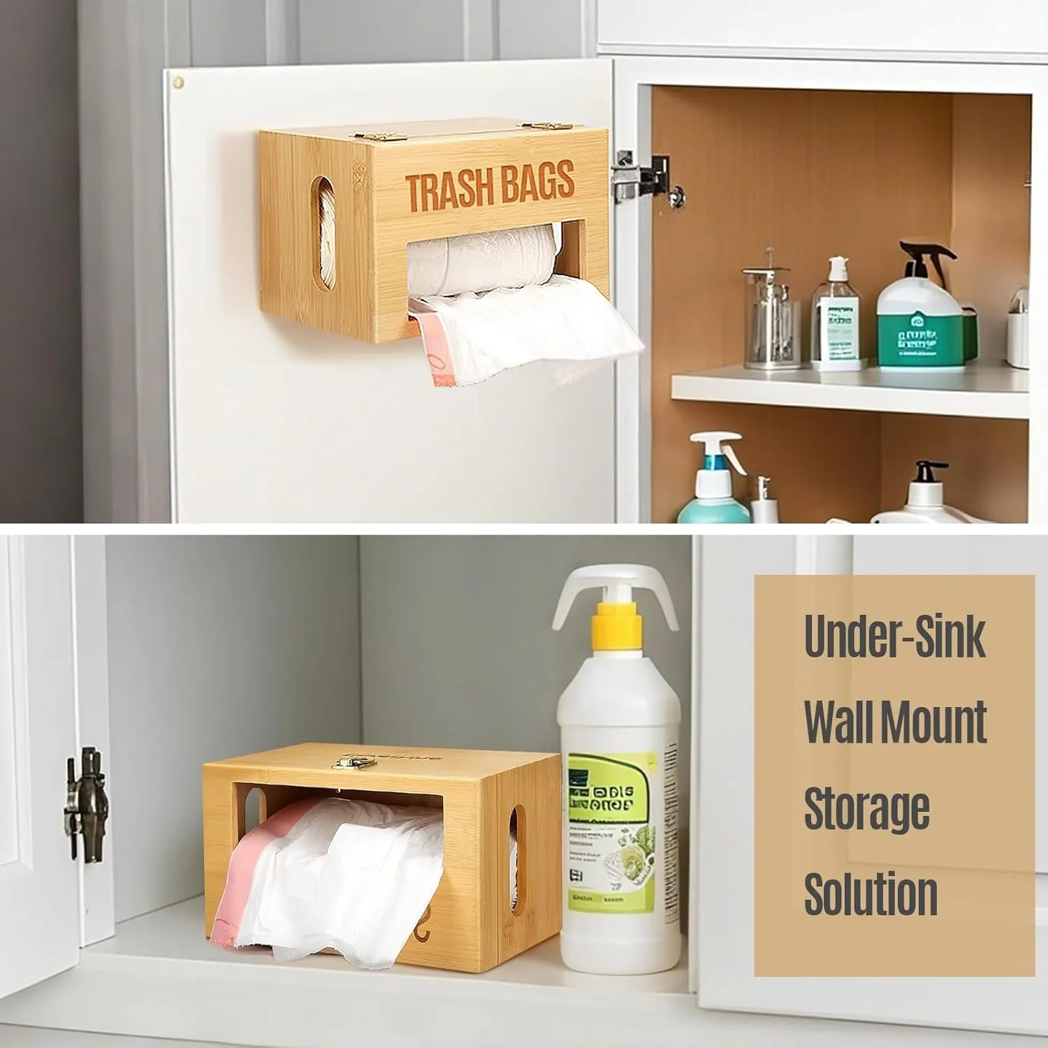 Extra Large Bamboo Trash Bag Dispenser Roll Holder, Fits Costco & Sam's Club Jumbo Rolls, Under-Sink, Cabinet & Wall Mount Organizer, Garbage Bag Storage for Kitchen, Pantry, Garage