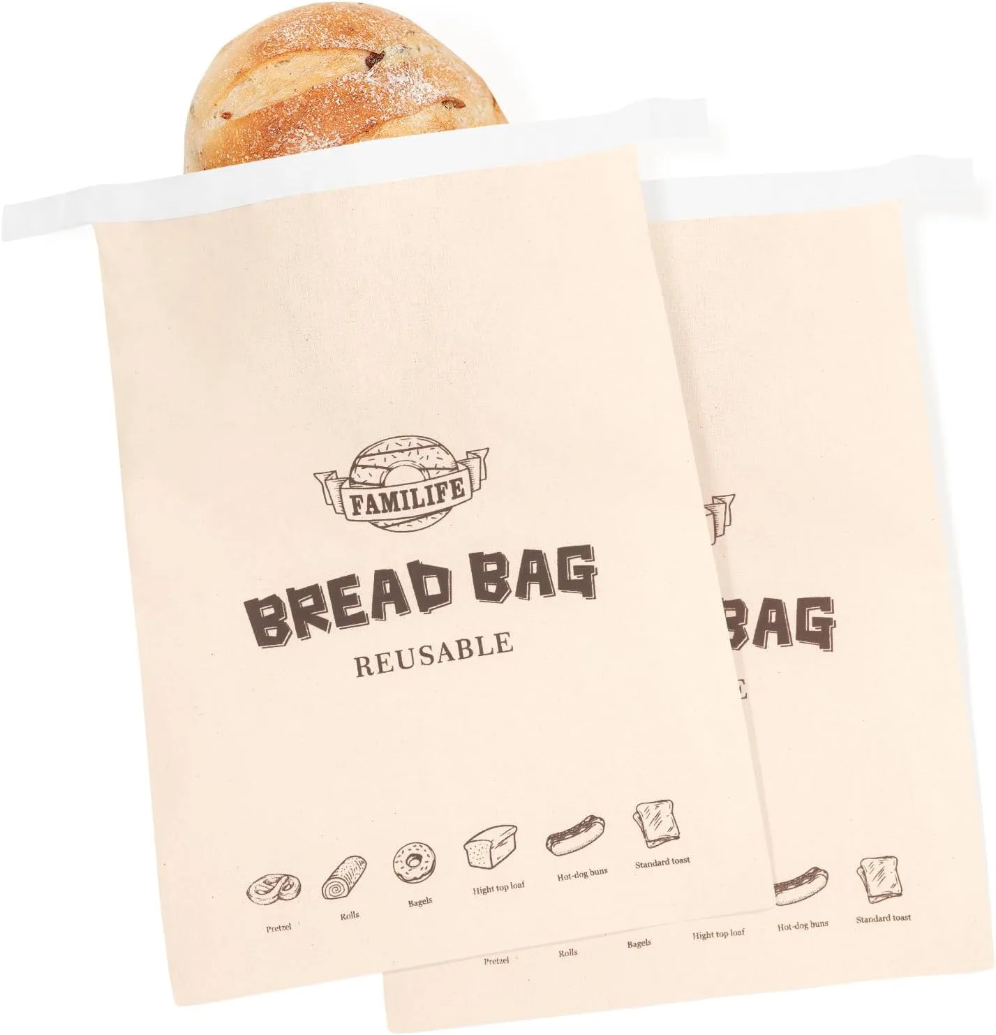 FAMILIFE Reusable Bread Bags,2 Pack Bread Bags for Homemade,Storage with Lining,Sourdough for Fresh Homemade Sourdough Food Storage