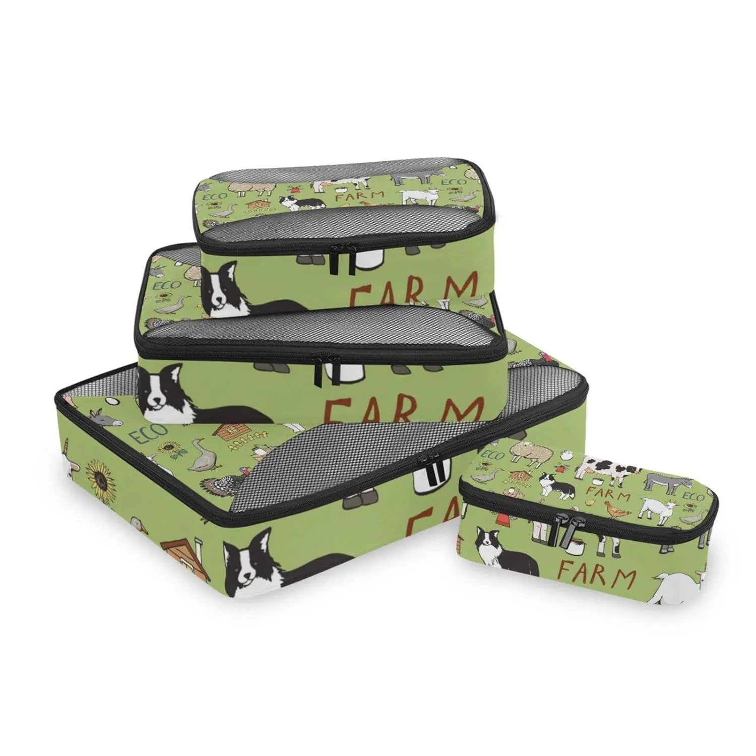 Farm Rooster Milk Cow Donkey Pig Sheep Cat Dog Rabbit on Green 4 Set Packing Cubes, Travel Packing Organizers, 600D Oxford Cloth Toiletry Storage Bag, Luggage Mesh Bags for Accessories
