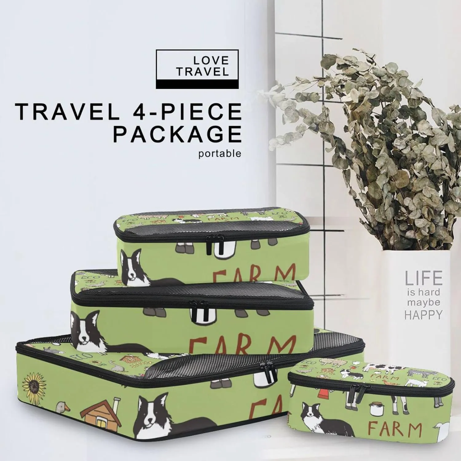 Farm Rooster Milk Cow Donkey Pig Sheep Cat Dog Rabbit on Green 4 Set Packing Cubes, Travel Packing Organizers, 600D Oxford Cloth Toiletry Storage Bag, Luggage Mesh Bags for Accessories