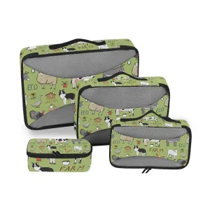Farm Rooster Milk Cow Donkey Pig Sheep Cat Dog Rabbit on Green 4 Set Packing Cubes, Travel Packing Organizers, 600D Oxford Cloth Toiletry Storage Bag, Luggage Mesh Bags for Accessories
