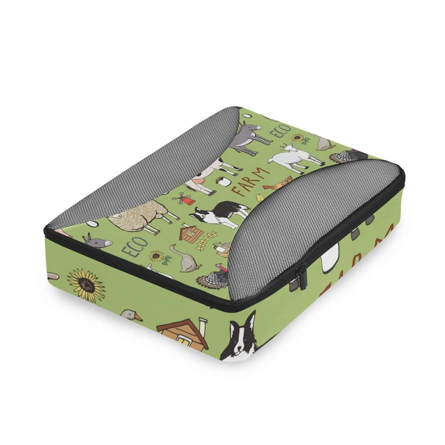 Farm Rooster Milk Cow Donkey Pig Sheep Cat Dog Rabbit on Green 4 Set Packing Cubes, Travel Packing Organizers, 600D Oxford Cloth Toiletry Storage Bag, Luggage Mesh Bags for Accessories