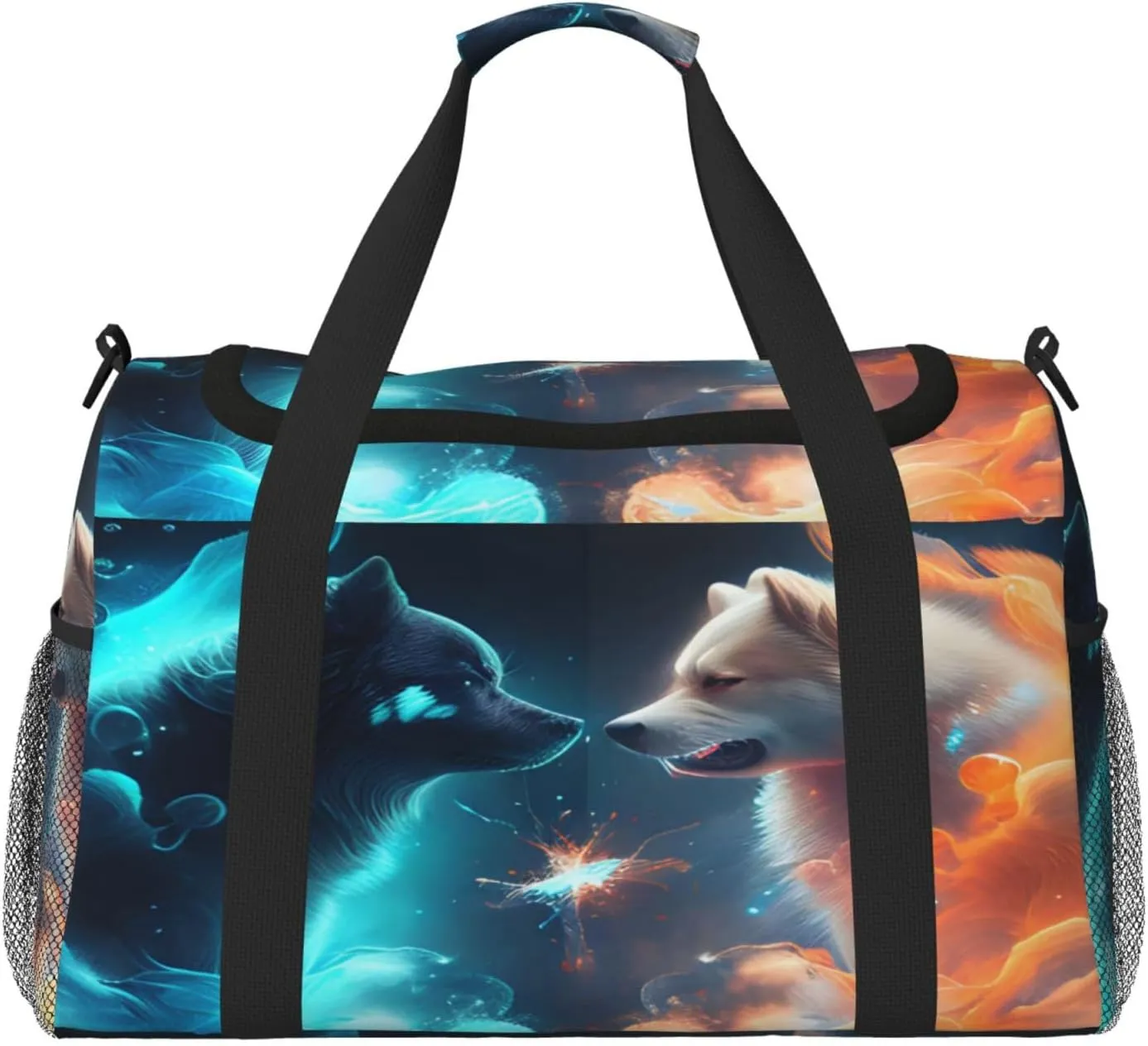 Fire And Ice Dog Travel Duffel Bag Large Foldable Waterproof Overnight Bag For Beach Swim Bags Pool Sports Gym