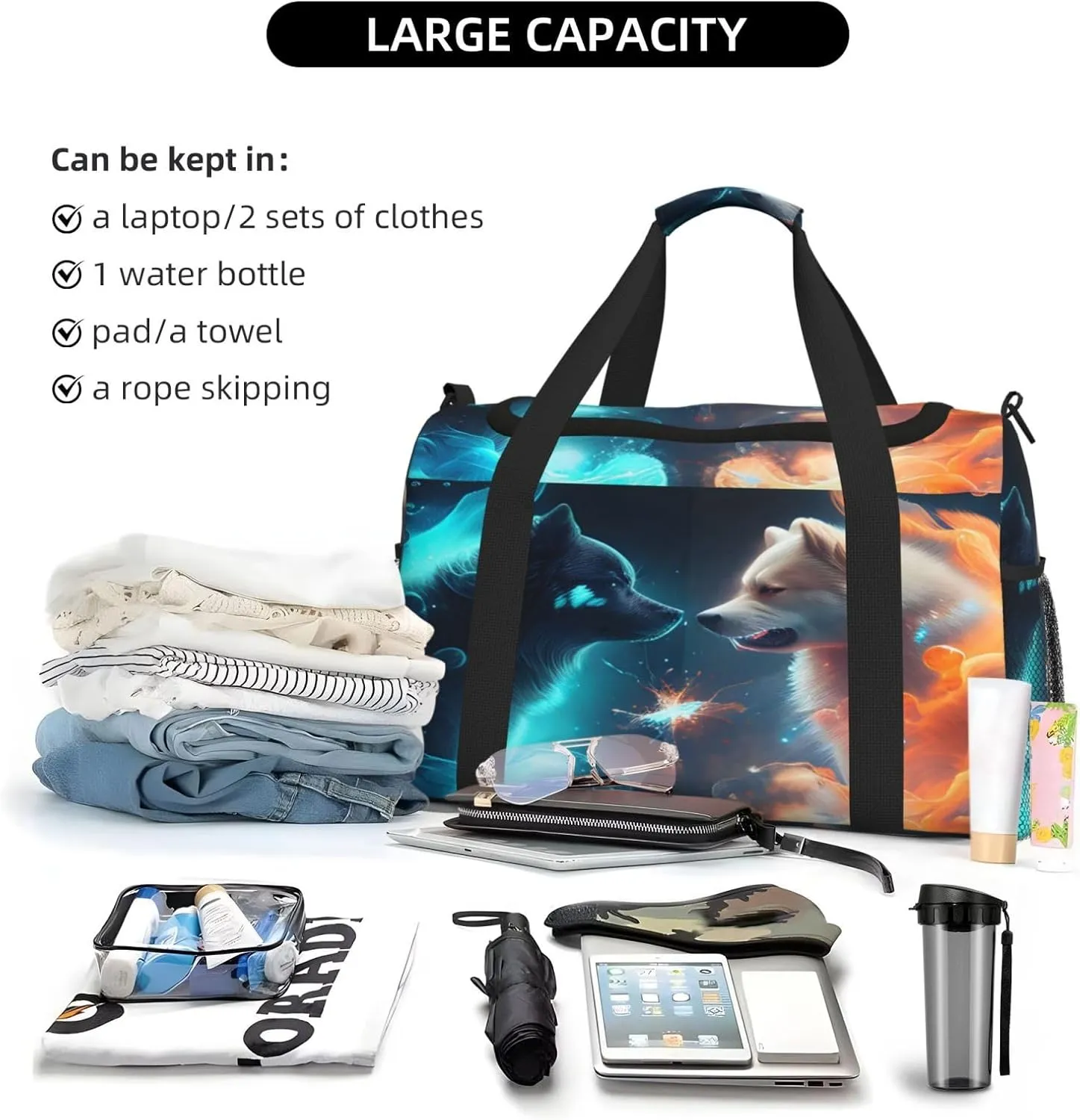 Fire And Ice Dog Travel Duffel Bag Large Foldable Waterproof Overnight Bag For Beach Swim Bags Pool Sports Gym
