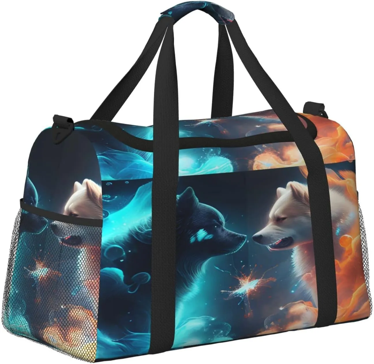 Fire And Ice Dog Travel Duffel Bag Large Foldable Waterproof Overnight Bag For Beach Swim Bags Pool Sports Gym