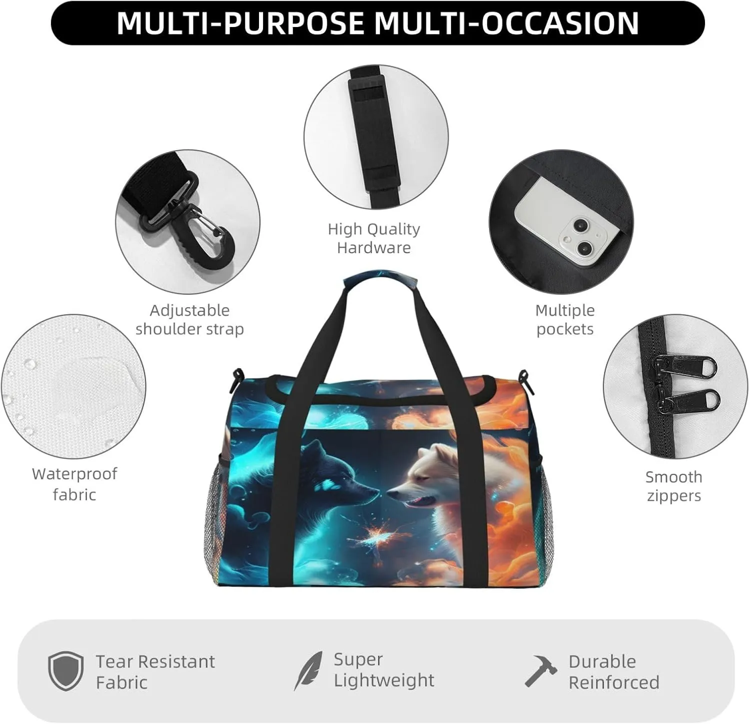 Fire And Ice Dog Travel Duffel Bag Large Foldable Waterproof Overnight Bag For Beach Swim Bags Pool Sports Gym