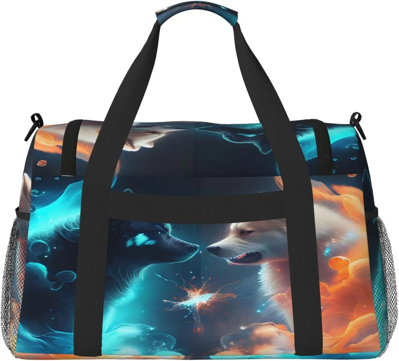Fire And Ice Dog Travel Duffel Bag Large Foldable Waterproof Overnight Bag For Beach Swim Bags Pool Sports Gym