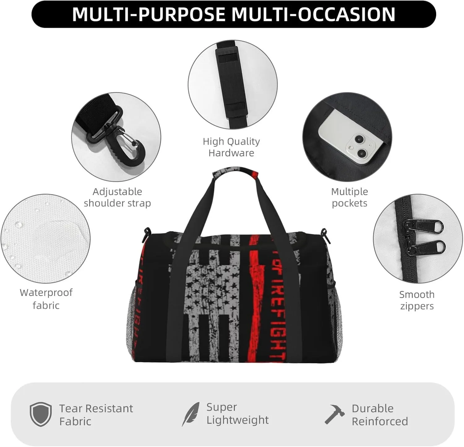 Firefighters Ax Red Line Flag Travel Duffel Bag Large Foldable Waterproof Overnight Bag For Beach Swim Bags Pool Sports Gym