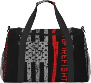 Firefighters Ax Red Line Flag Travel Duffel Bag Large Foldable Waterproof Overnight Bag For Beach Swim Bags Pool Sports Gym