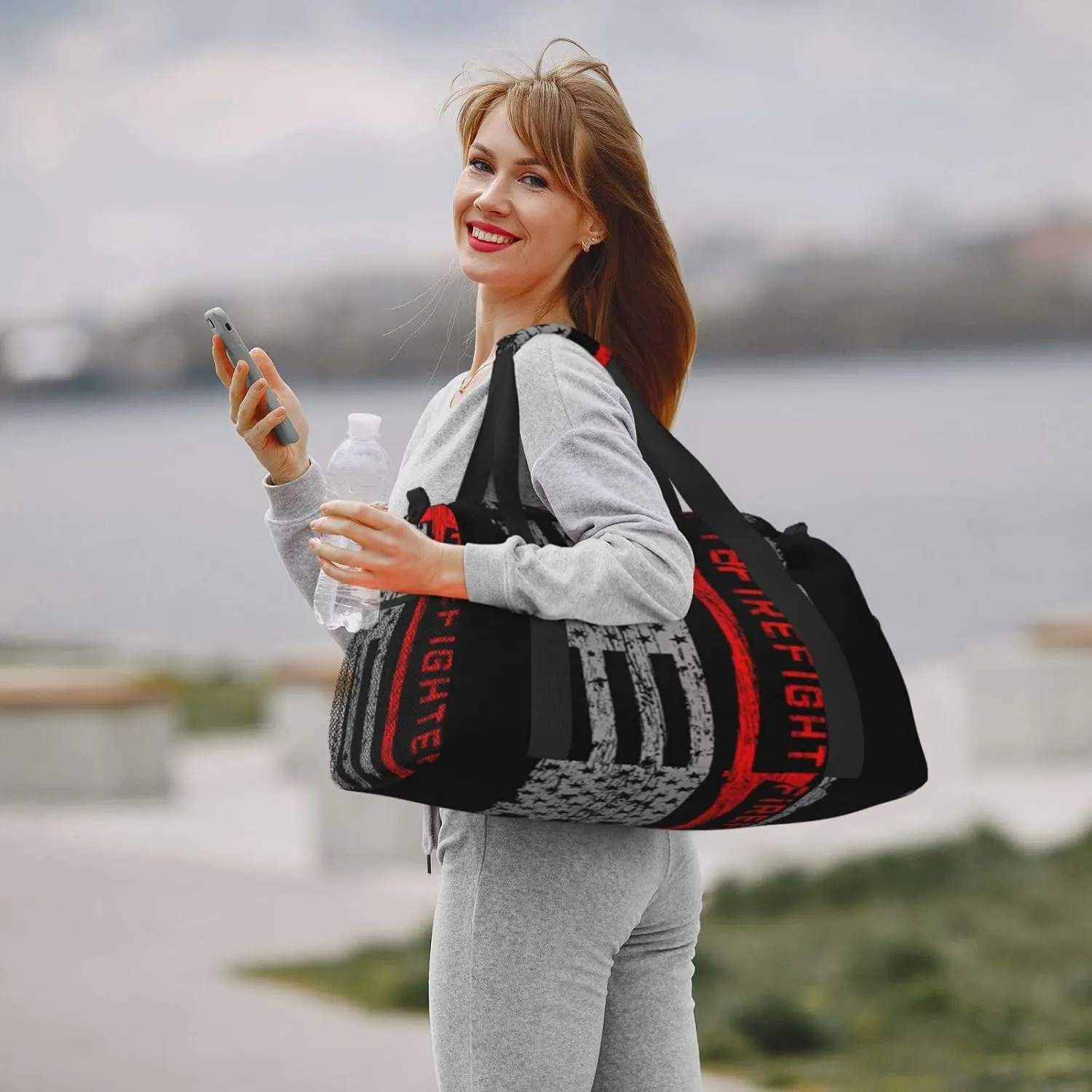 Firefighters Ax Red Line Flag Travel Duffel Bag Large Foldable Waterproof Overnight Bag For Beach Swim Bags Pool Sports Gym