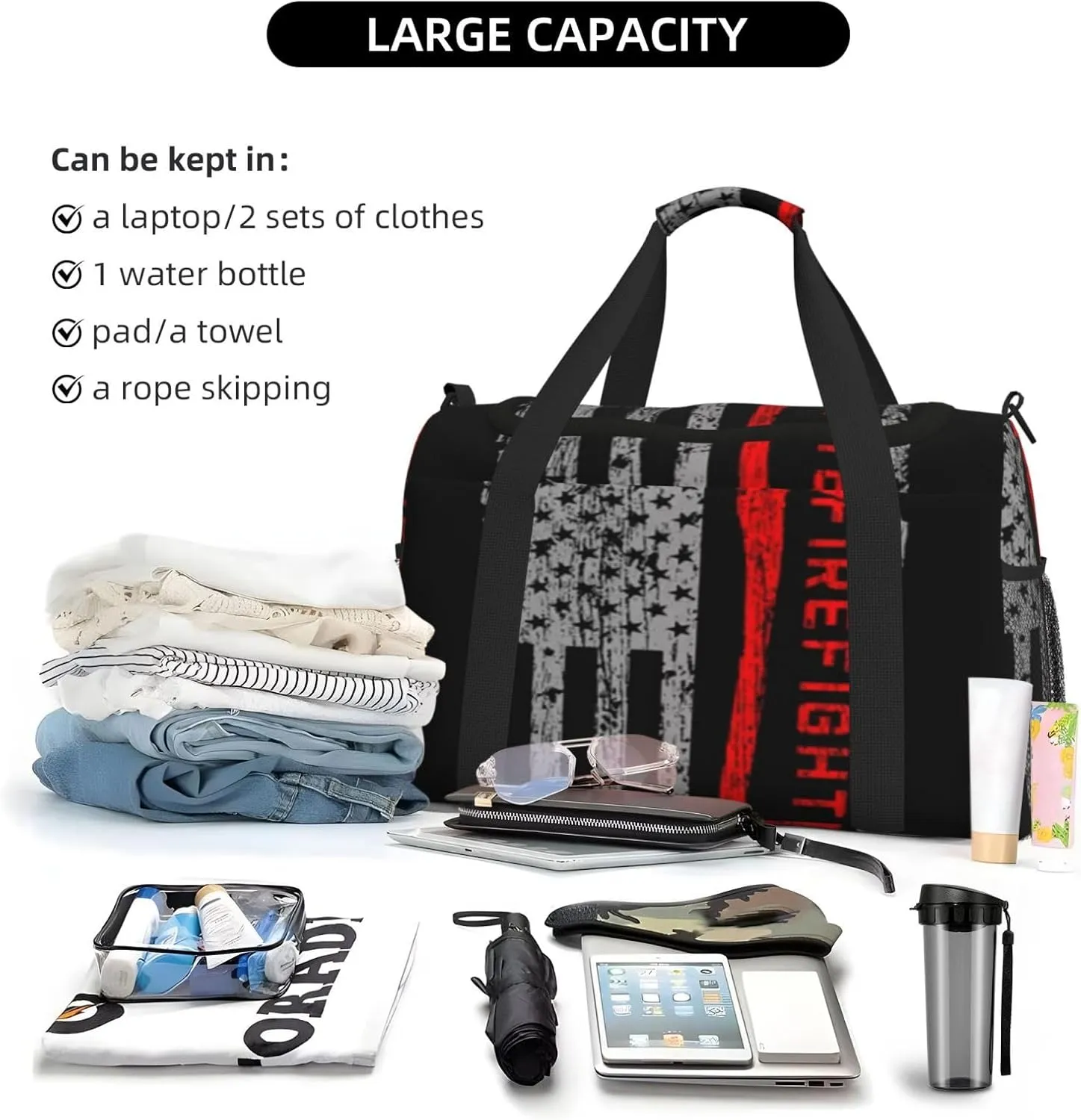 Firefighters Ax Red Line Flag Travel Duffel Bag Large Foldable Waterproof Overnight Bag For Beach Swim Bags Pool Sports Gym