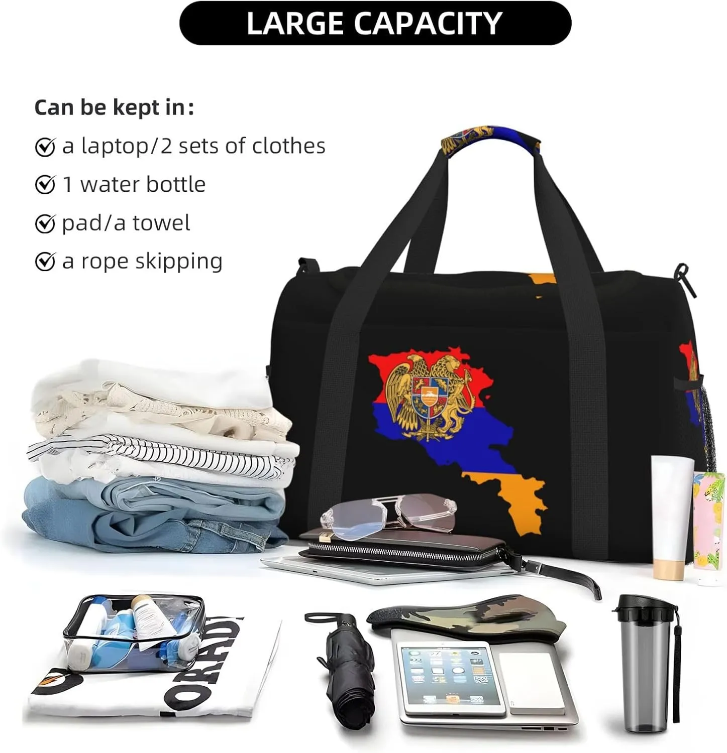 Flag Map Of Armenia Travel Duffel Bag Large Foldable Waterproof Overnight Bag For Beach Swim Bags Pool Sports Gym