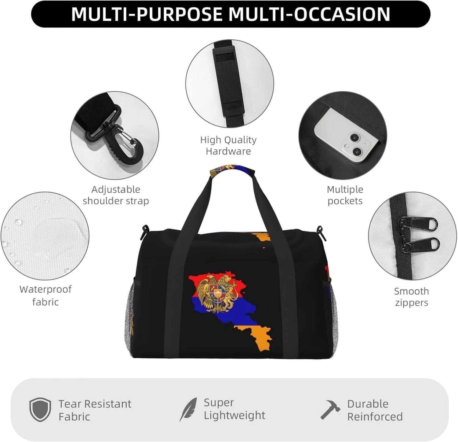 Flag Map Of Armenia Travel Duffel Bag Large Foldable Waterproof Overnight Bag For Beach Swim Bags Pool Sports Gym