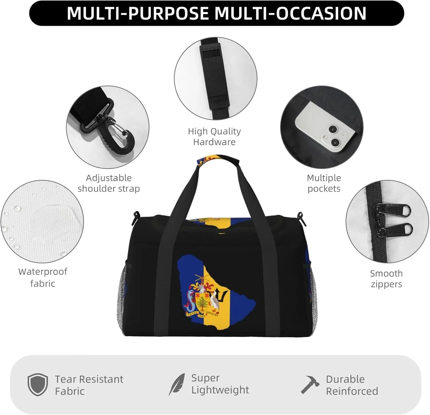 Flag Map Of Barbados Travel Duffel Bag Large Foldable Waterproof Overnight Bag For Beach Swim Bags Pool Sports Gym