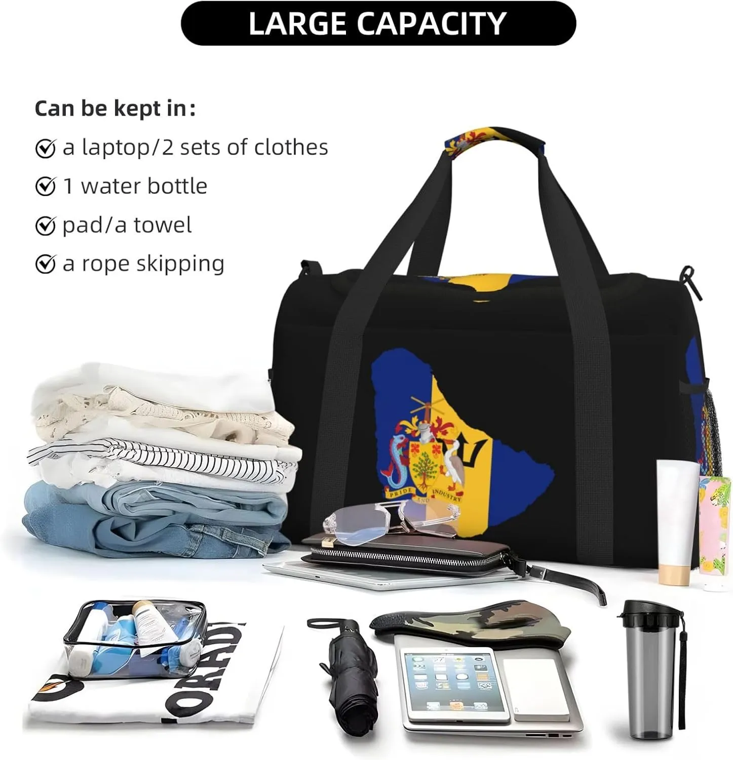 Flag Map Of Barbados Travel Duffel Bag Large Foldable Waterproof Overnight Bag For Beach Swim Bags Pool Sports Gym