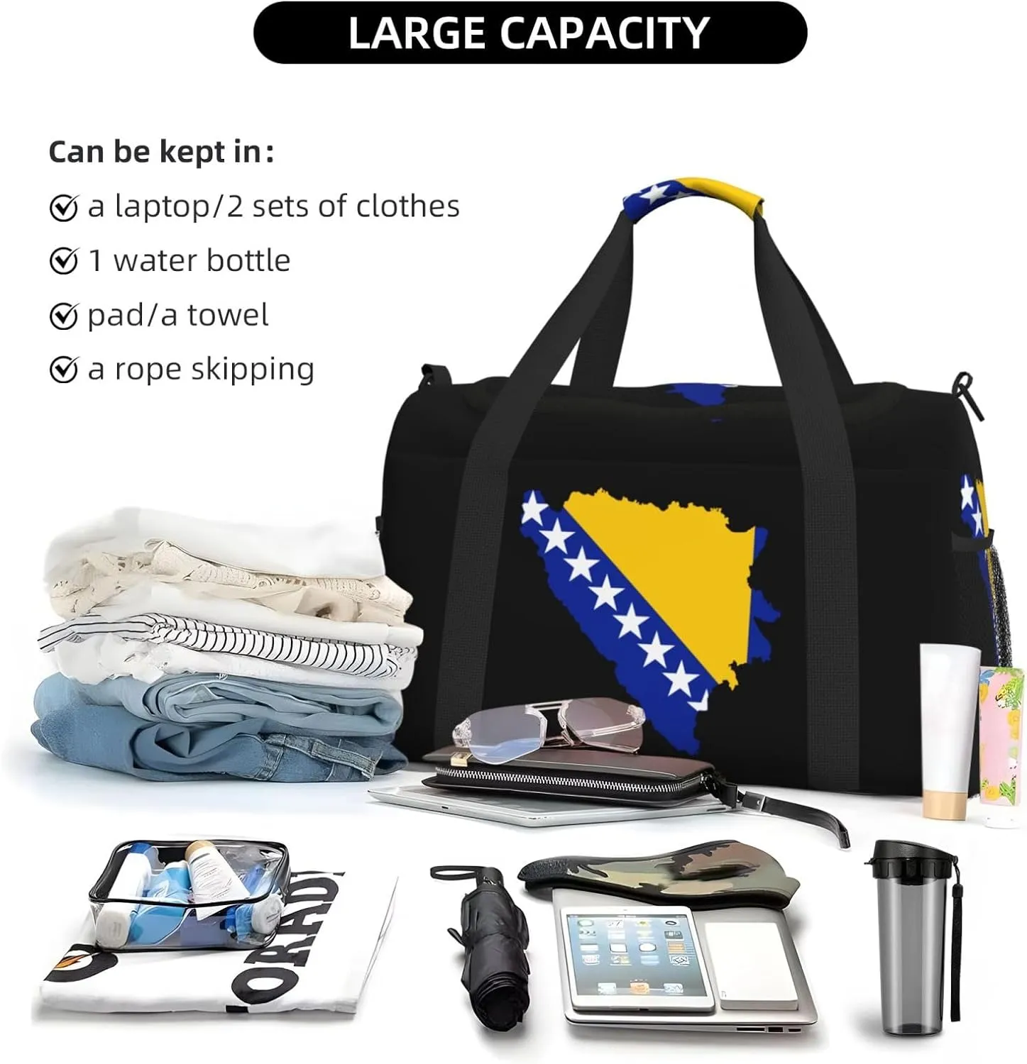 Flag Map Of Bosnia Herzegovina Travel Duffel Bag Large Foldable Waterproof Overnight Bag For Beach Swim Bags Pool Sports Gym