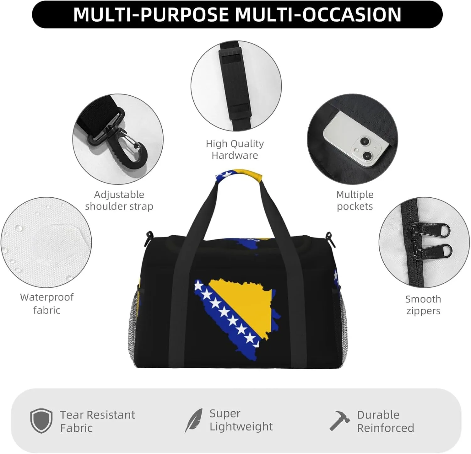 Flag Map Of Bosnia Herzegovina Travel Duffel Bag Large Foldable Waterproof Overnight Bag For Beach Swim Bags Pool Sports Gym