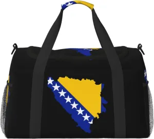 Flag Map Of Bosnia Herzegovina Travel Duffel Bag Large Foldable Waterproof Overnight Bag For Beach Swim Bags Pool Sports Gym