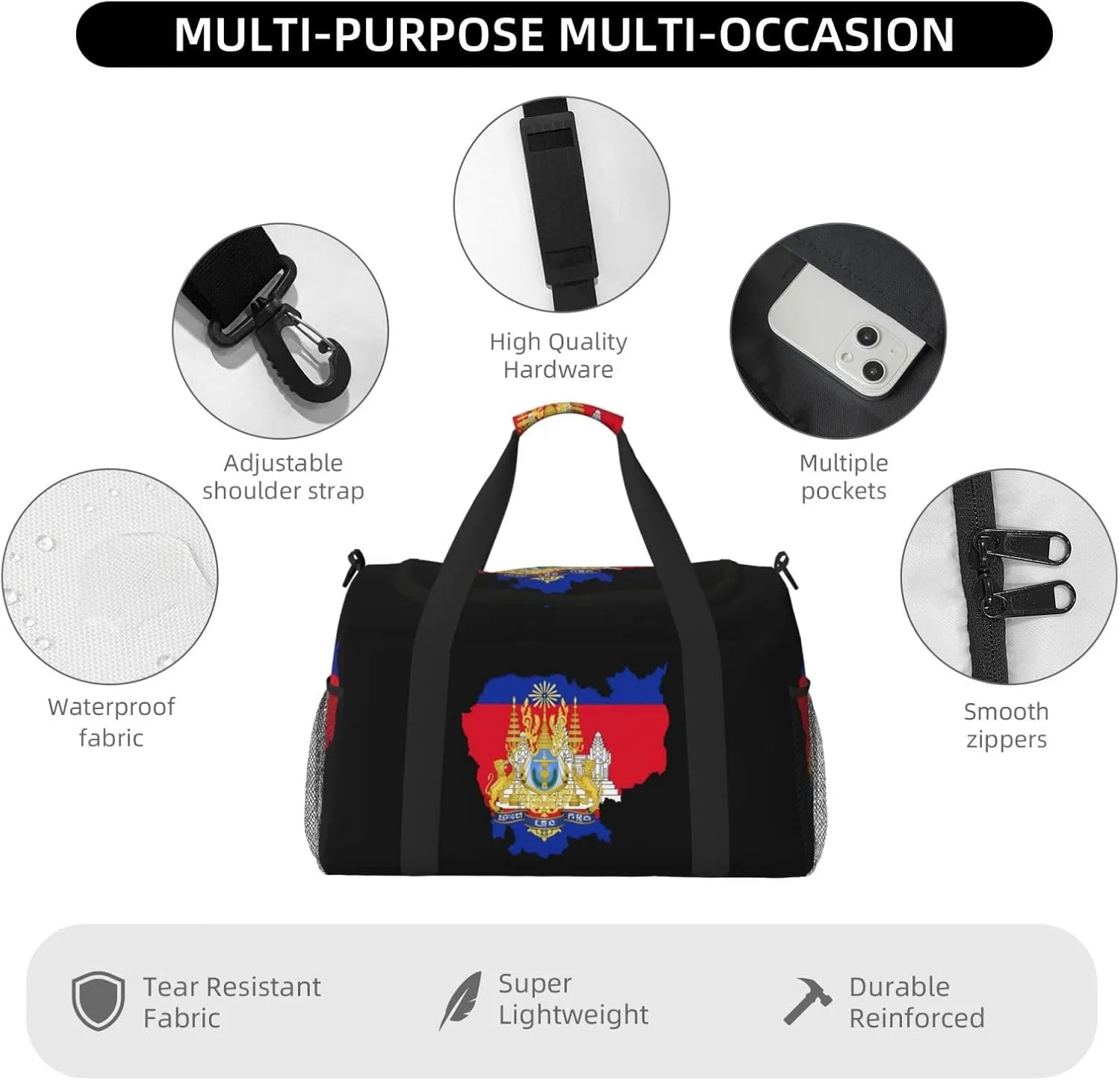 Flag Map Of Cambodia Travel Duffel Bag Large Foldable Waterproof Overnight Bag For Beach Swim Bags Pool Sports Gym