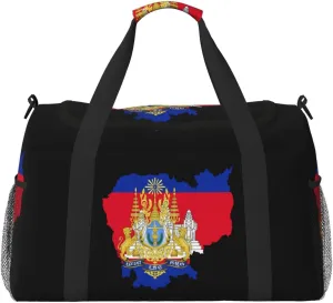 Flag Map Of Cambodia Travel Duffel Bag Large Foldable Waterproof Overnight Bag For Beach Swim Bags Pool Sports Gym
