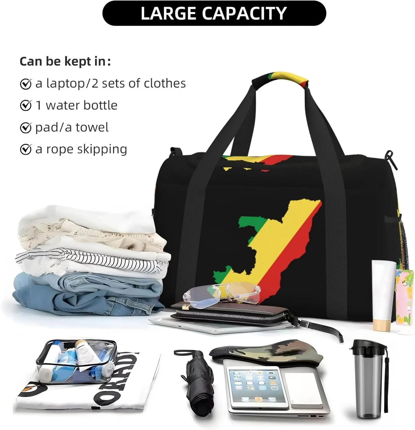 Flag Map Of Congo Travel Duffel Bag Large Foldable Waterproof Overnight Bag For Beach Swim Bags Pool Sports Gym