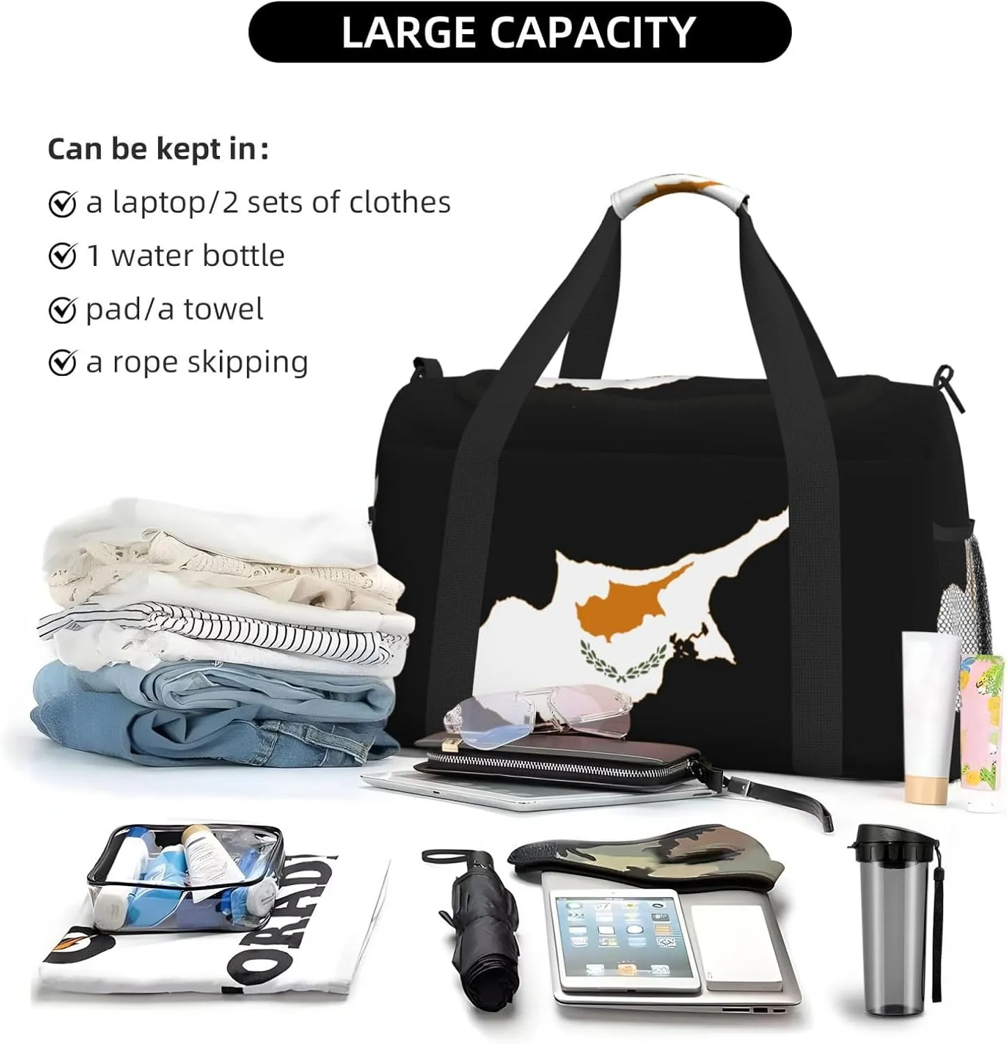 Flag Map Of Cyprus Travel Duffel Bag Large Foldable Waterproof Overnight Bag For Beach Swim Bags Pool Sports Gym