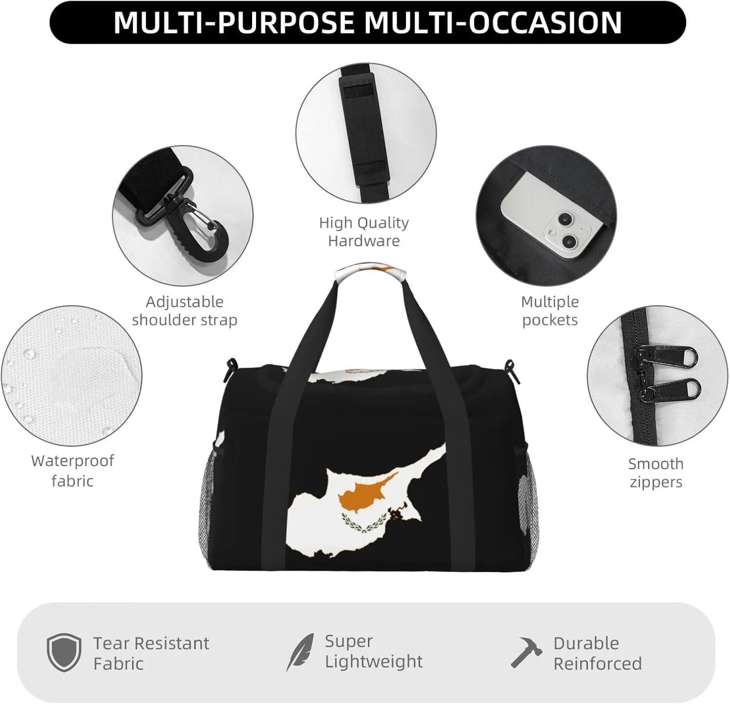 Flag Map Of Cyprus Travel Duffel Bag Large Foldable Waterproof Overnight Bag For Beach Swim Bags Pool Sports Gym