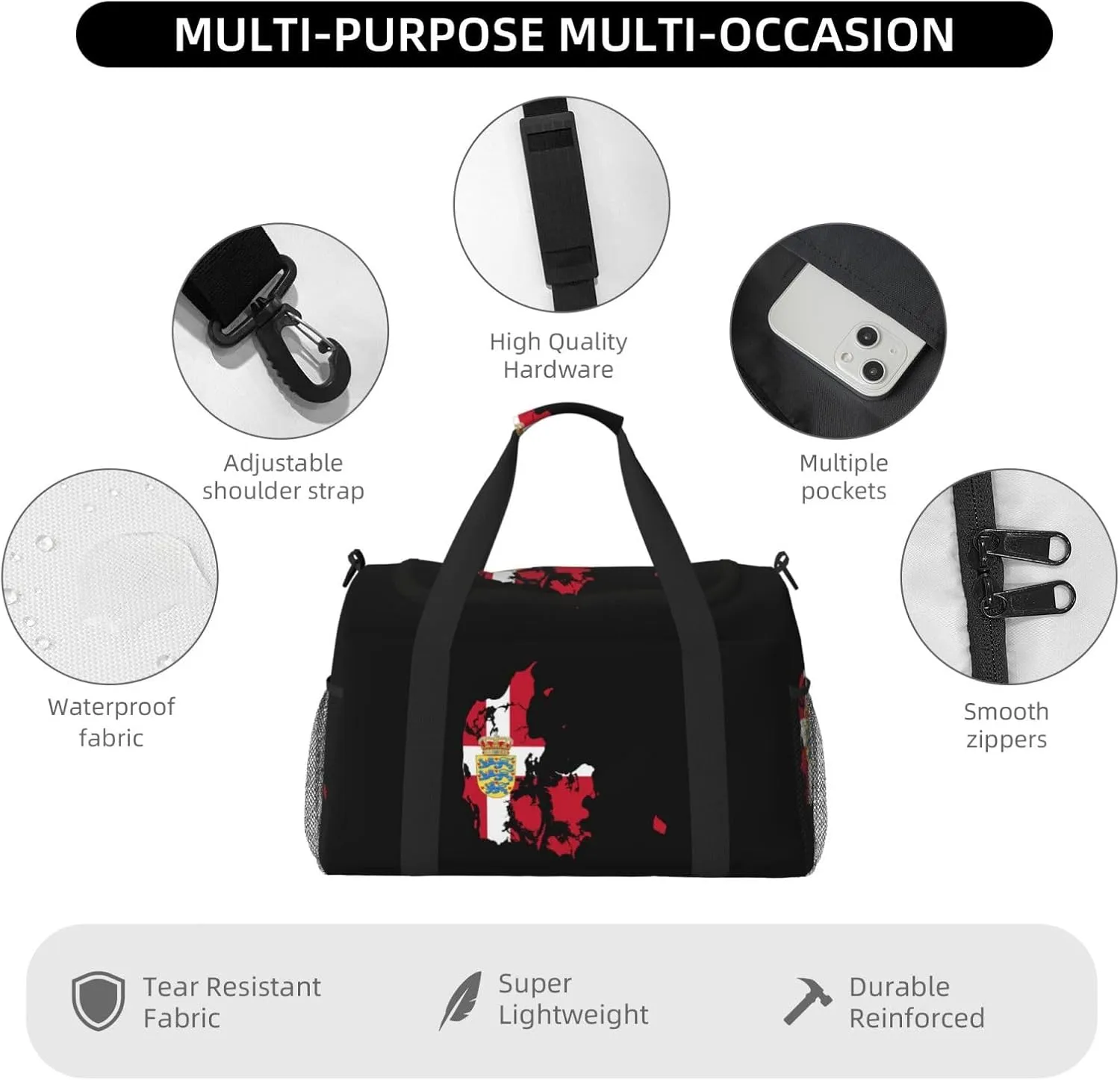 Flag Map Of Denmark Travel Duffel Bag Large Foldable Waterproof Overnight Bag For Beach Swim Bags Pool Sports Gym