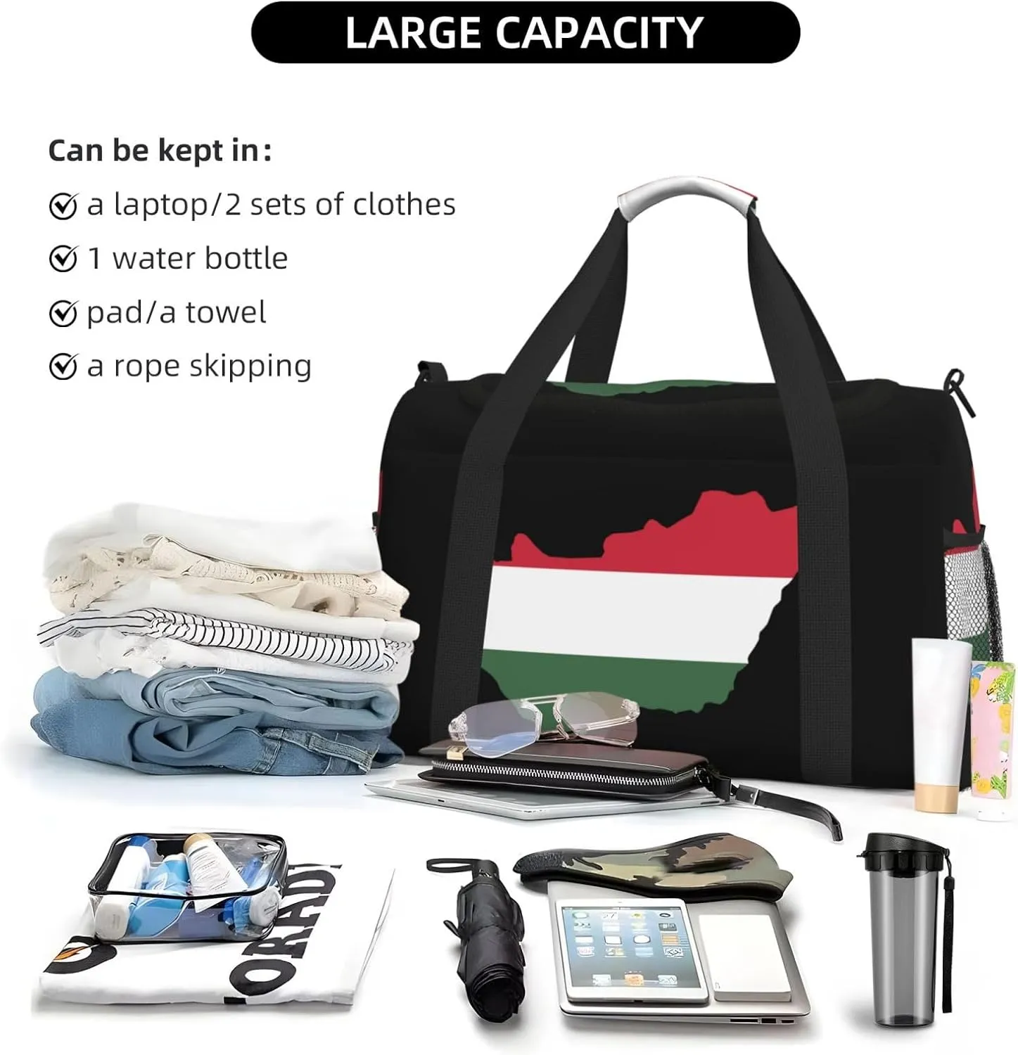 Flag Map Of Hungary Travel Duffel Bag Large Foldable Waterproof Overnight Bag For Beach Swim Bags Pool Sports Gym