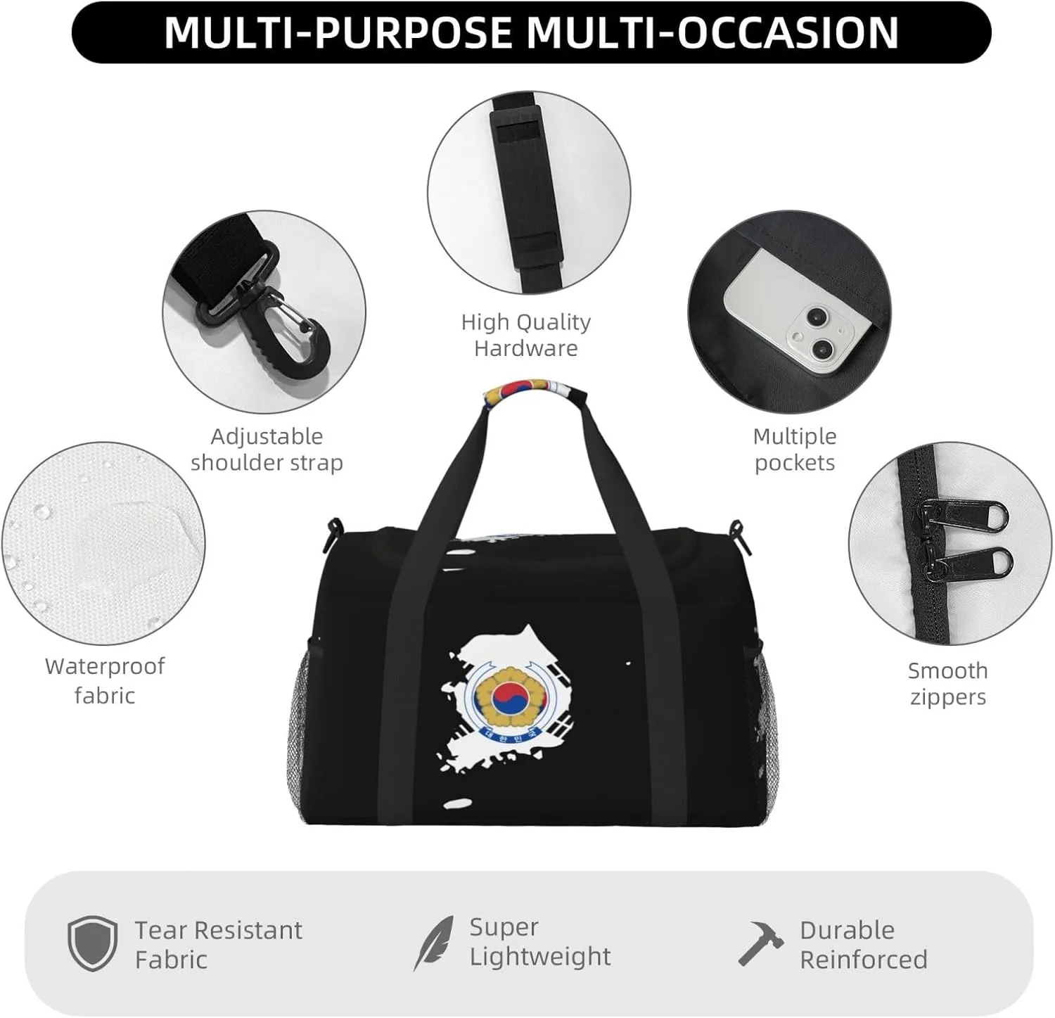Flag Map Of Korea Travel Duffel Bag Large Foldable Waterproof Overnight Bag For Beach Swim Bags Pool Sports Gym