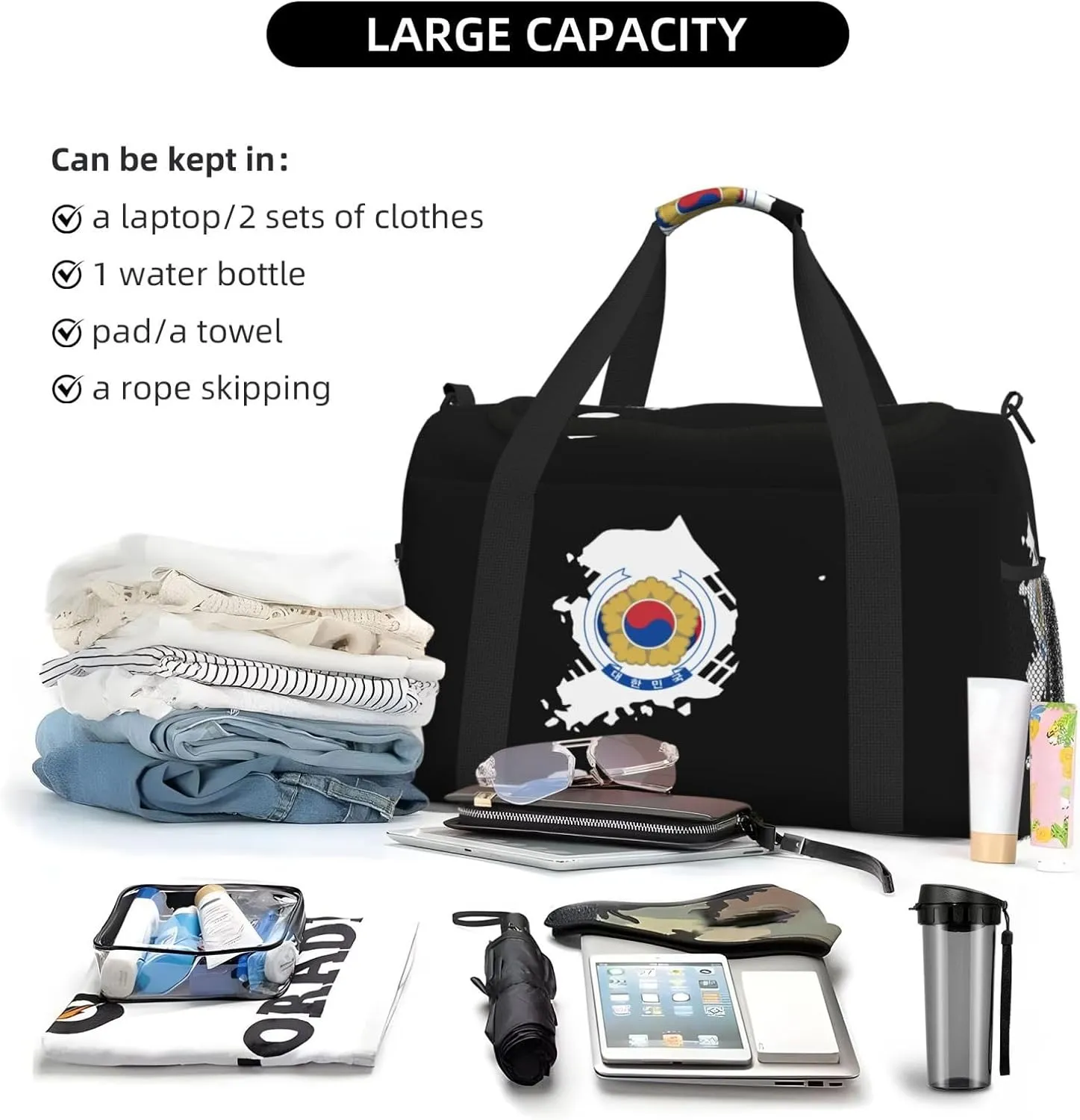 Flag Map Of Korea Travel Duffel Bag Large Foldable Waterproof Overnight Bag For Beach Swim Bags Pool Sports Gym