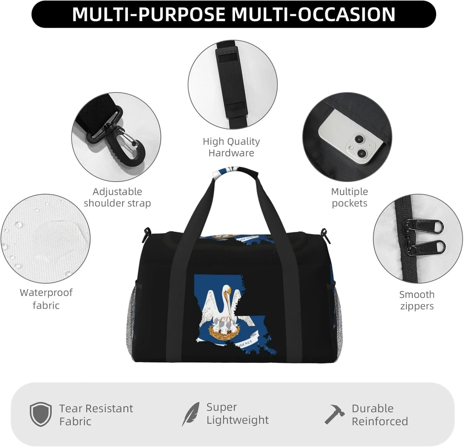 Flag Map Of Louisiana Travel Duffel Bag Large Foldable Waterproof Overnight Bag For Beach Swim Bags Pool Sports Gym