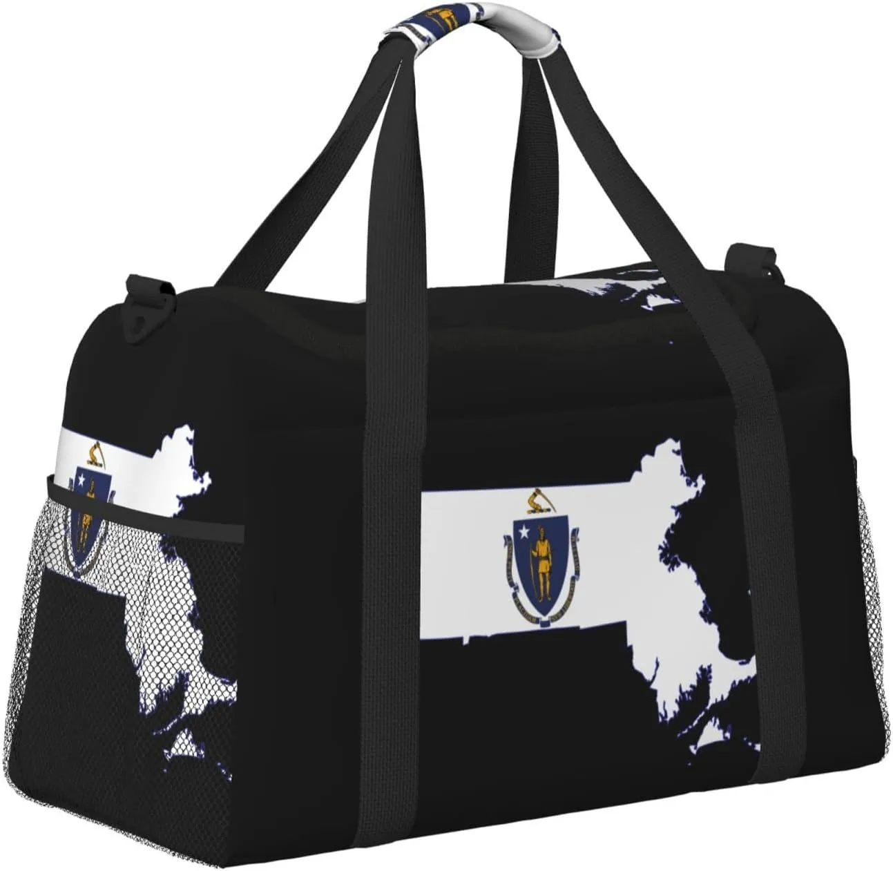 Flag Map Of Massachusetts Travel Duffel Bag Large Foldable Waterproof Overnight Bag For Beach Swim Bags Pool Sports Gym