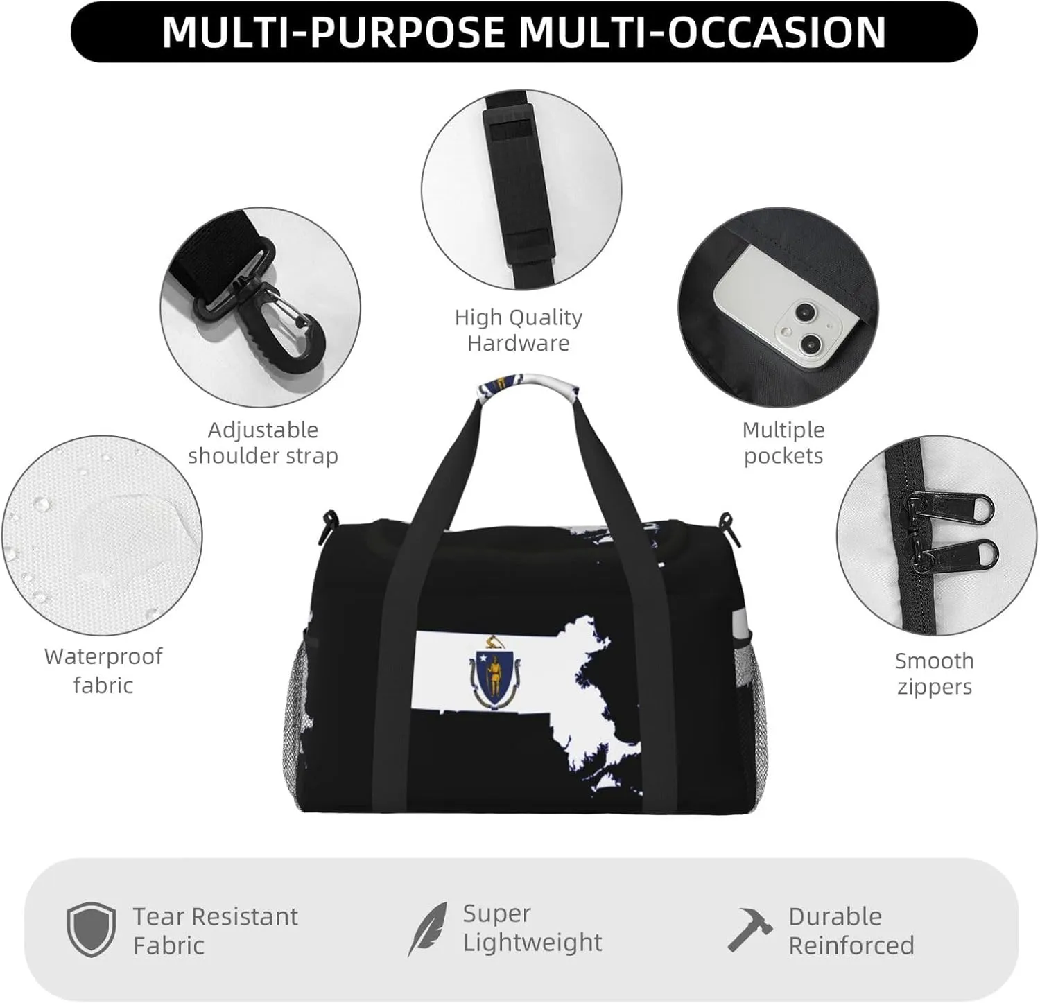 Flag Map Of Massachusetts Travel Duffel Bag Large Foldable Waterproof Overnight Bag For Beach Swim Bags Pool Sports Gym