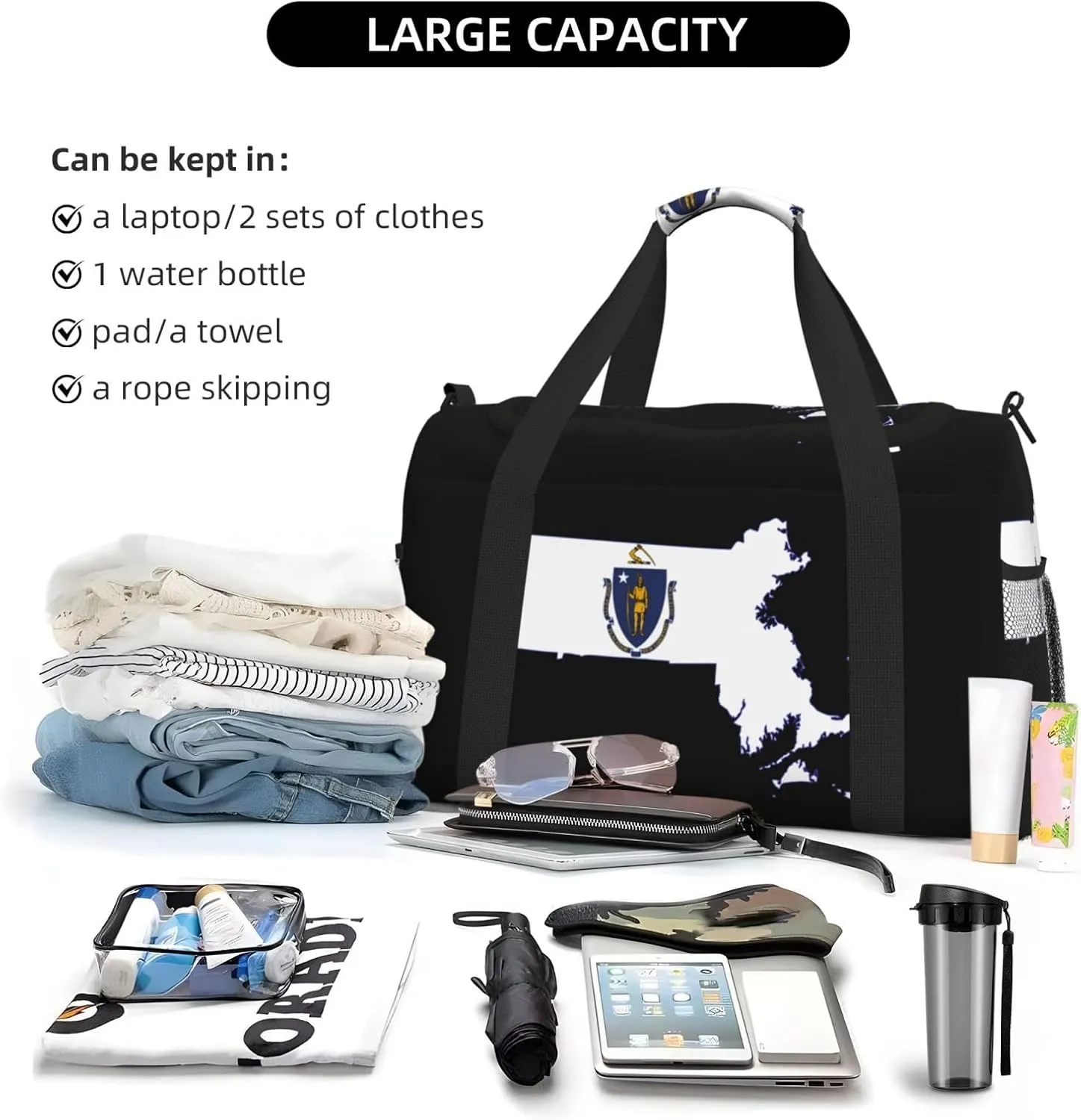 Flag Map Of Massachusetts Travel Duffel Bag Large Foldable Waterproof Overnight Bag For Beach Swim Bags Pool Sports Gym