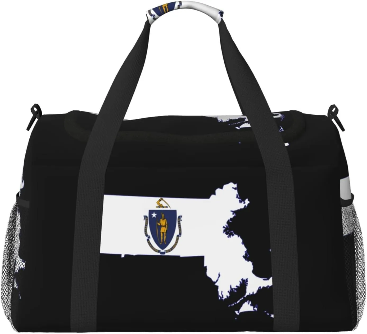 Flag Map Of Massachusetts Travel Duffel Bag Large Foldable Waterproof Overnight Bag For Beach Swim Bags Pool Sports Gym