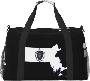 Flag Map Of Massachusetts Travel Duffel Bag Large Foldable Waterproof Overnight Bag For Beach Swim Bags Pool Sports Gym