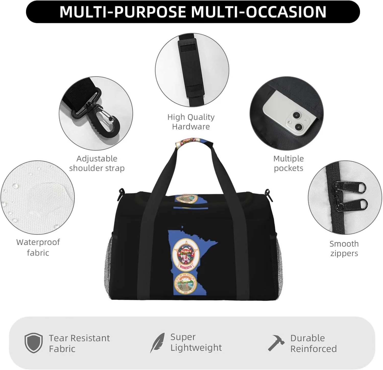Flag Map Of Minnesota Travel Duffel Bag Large Foldable Waterproof Overnight Bag For Beach Swim Bags Pool Sports Gym