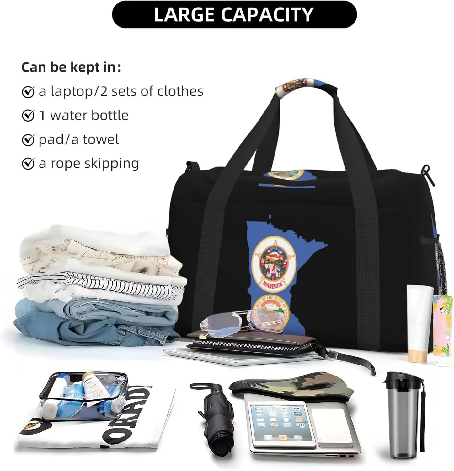 Flag Map Of Minnesota Travel Duffel Bag Large Foldable Waterproof Overnight Bag For Beach Swim Bags Pool Sports Gym