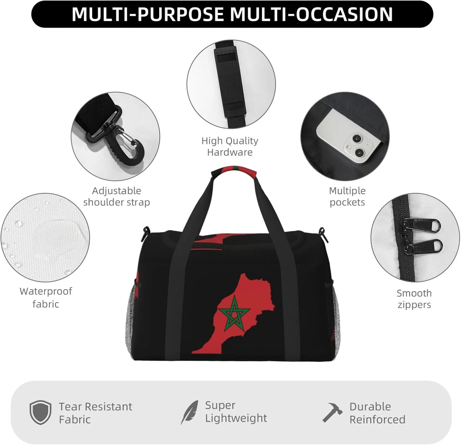 Flag Map Of Morocco Travel Duffel Bag Large Foldable Waterproof Overnight Bag For Beach Swim Bags Pool Sports Gym