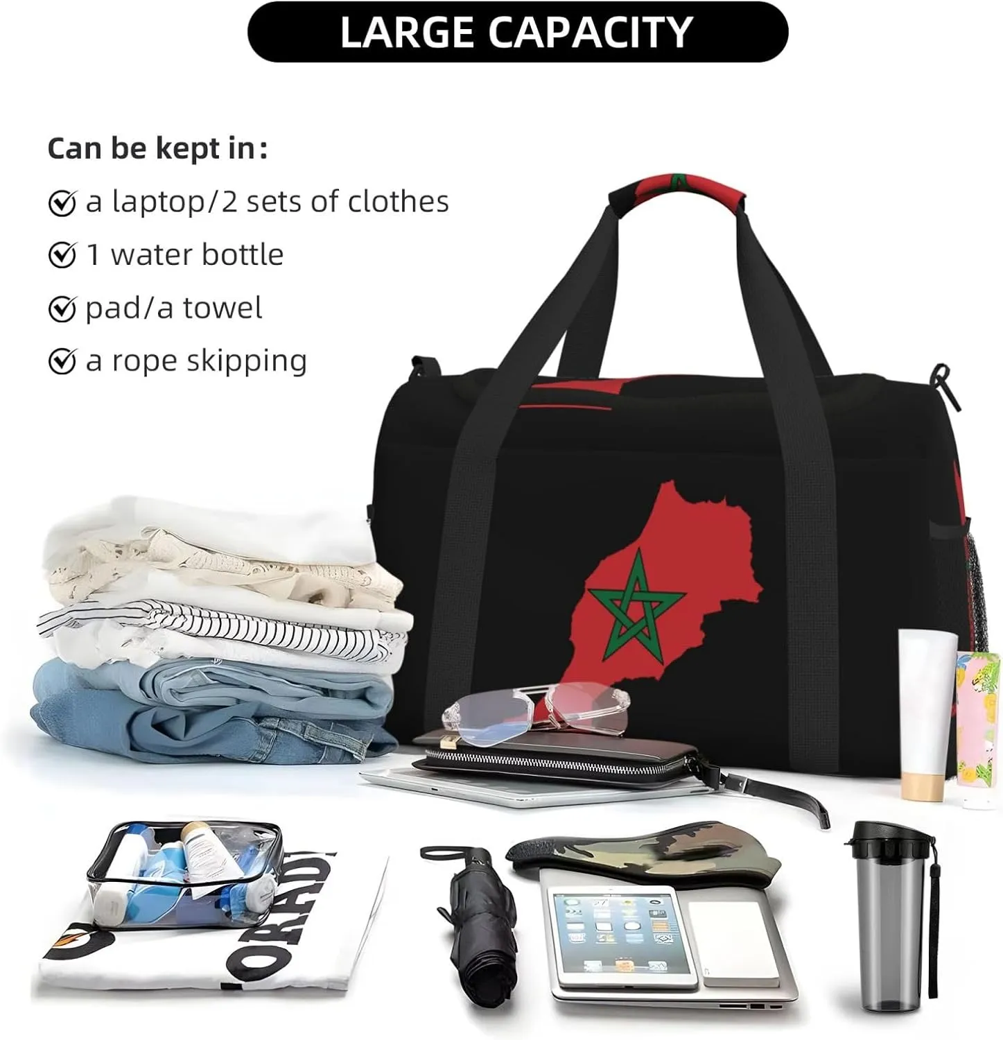Flag Map Of Morocco Travel Duffel Bag Large Foldable Waterproof Overnight Bag For Beach Swim Bags Pool Sports Gym
