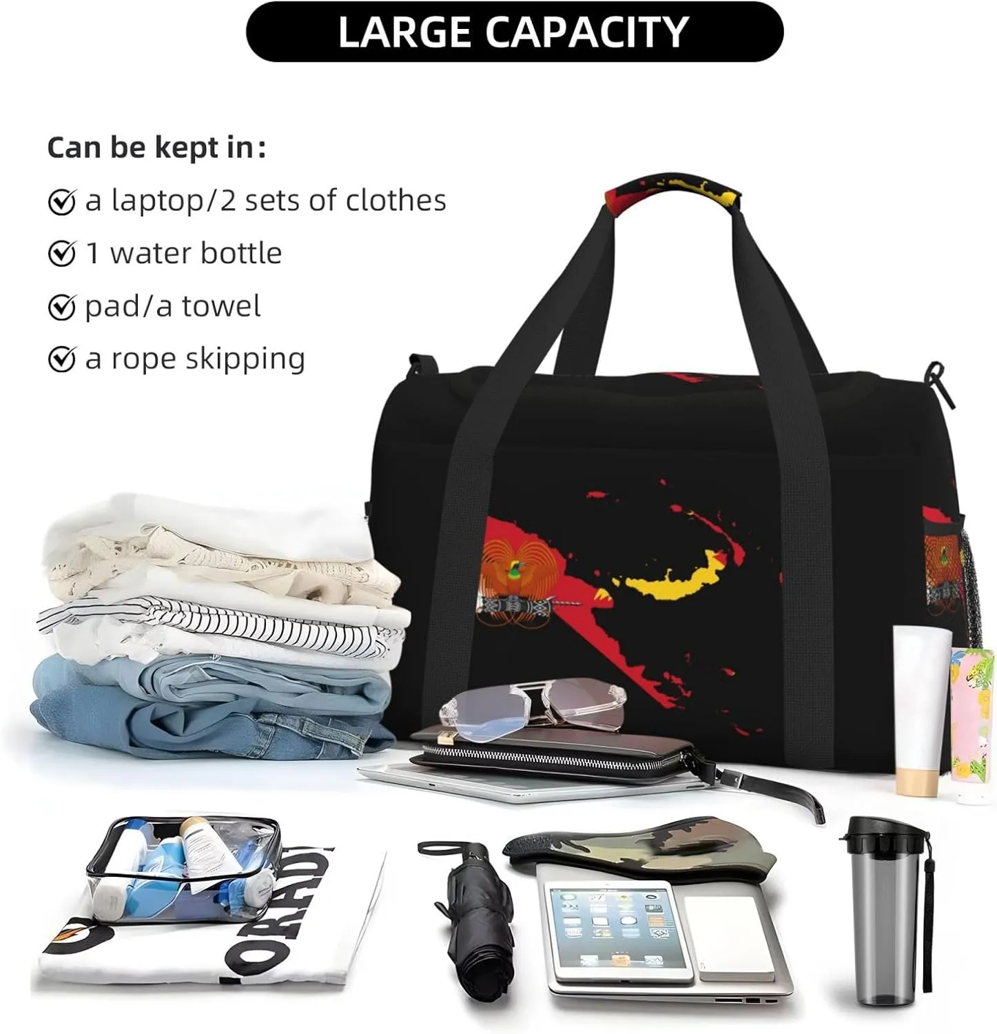 Flag Map Of New Guinea Travel Duffel Bag Large Foldable Waterproof Overnight Bag For Beach Swim Bags Pool Sports Gym