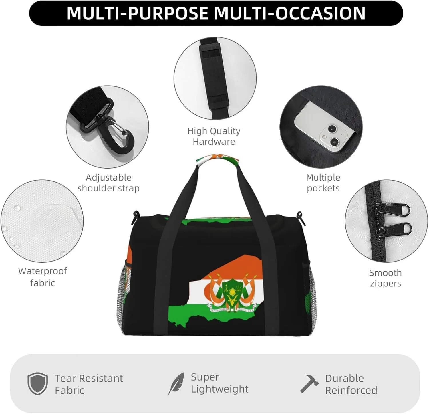 Flag Map Of Niger Travel Duffel Bag Large Foldable Waterproof Overnight Bag For Beach Swim Bags Pool Sports Gym