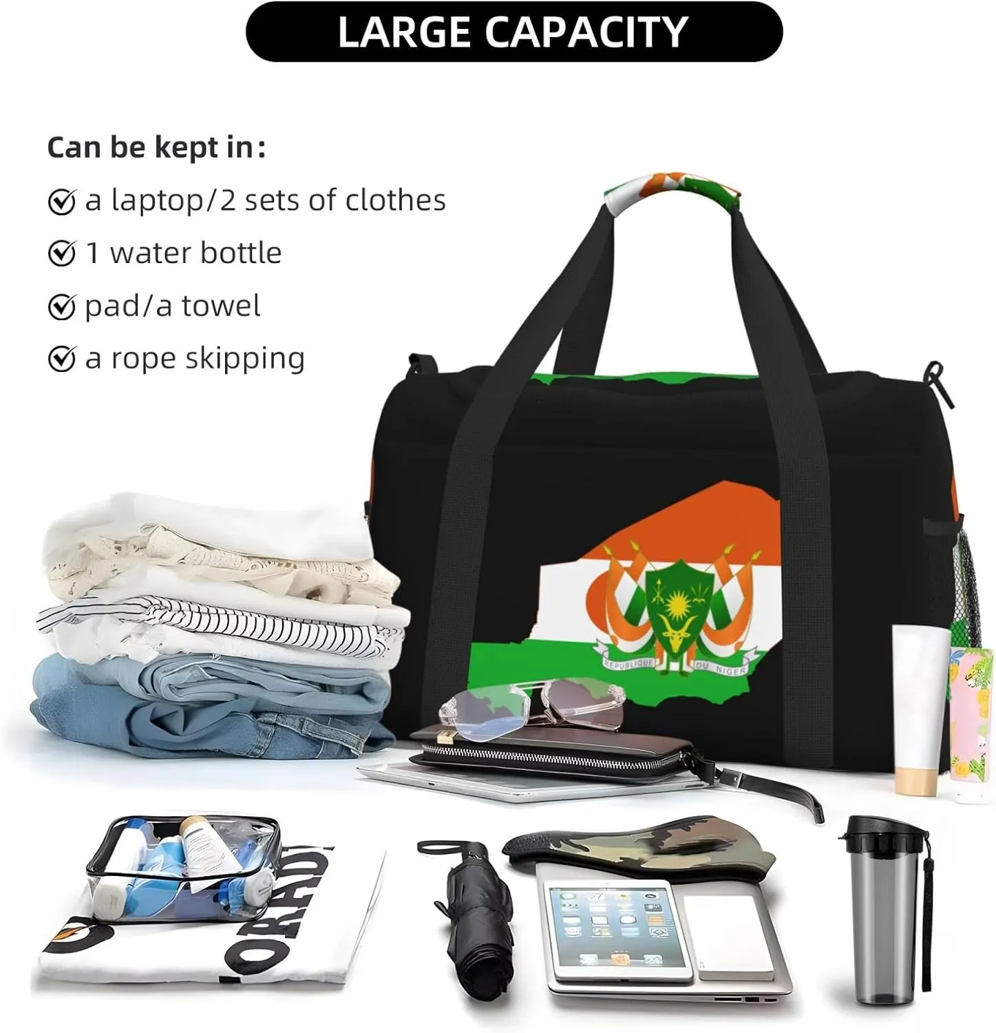 Flag Map Of Niger Travel Duffel Bag Large Foldable Waterproof Overnight Bag For Beach Swim Bags Pool Sports Gym