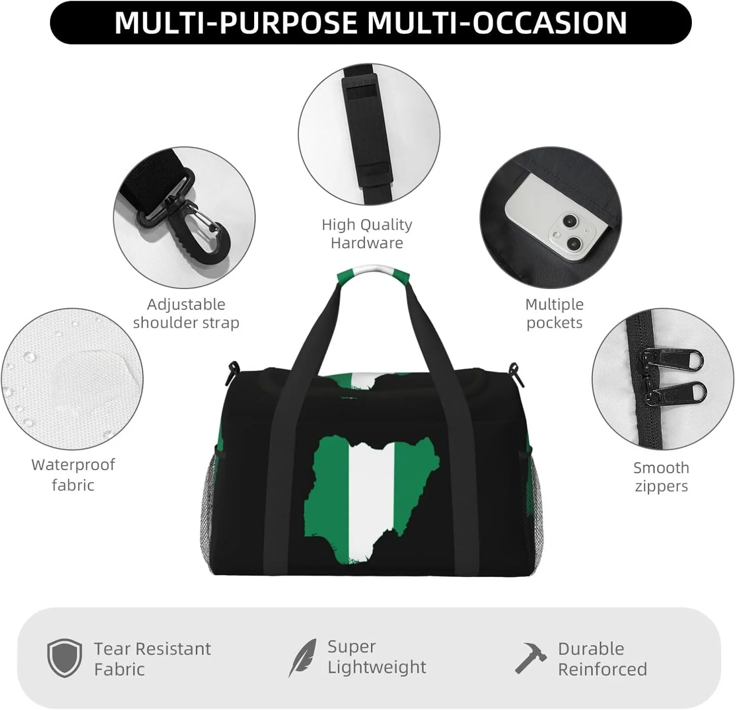 Flag Map Of Nigeria Travel Duffel Bag Large Foldable Waterproof Overnight Bag For Beach Swim Bags Pool Sports Gym